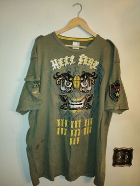 Men's Vintage 90s Parish Hell Fire Army Green Embroidered T Shirt Size 3XL